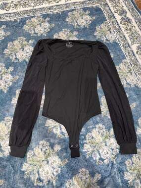 PinkmStyle Black Long Sleeve Square Neck Bodysuit with Mesh Puff Sleeves